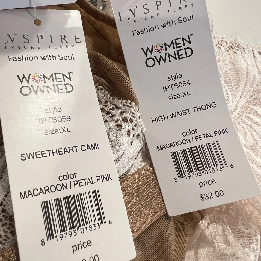 NWT Inspire Psyche Terry Tan and Pale Pink  Lace  Cami and Thong Set‎ - Picture 9 of 11